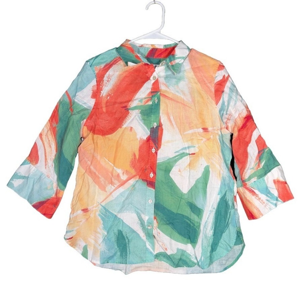 Chicos 100% Linen Abstract Watercolor Button Up Shirt Womens Size 1 (US M)